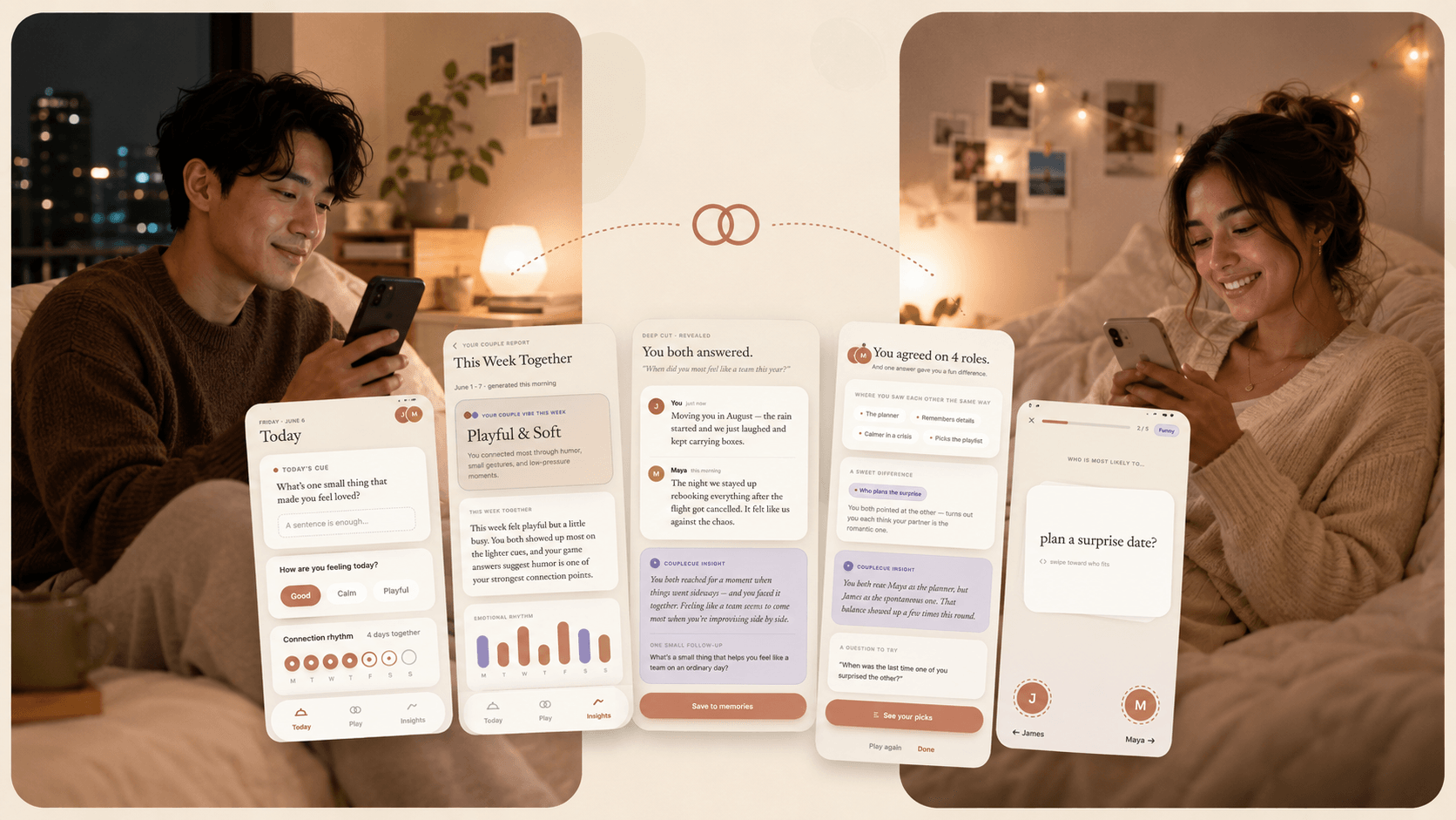 CoupleCue across a week, shown on two phones: the daily Today screen with a cue and mood check-in, a weekly “This Week Together” couple report, a Deep Cut reveal where both partners answered, the roles you agreed on, and a “Who is most likely to plan a surprise date?” game.