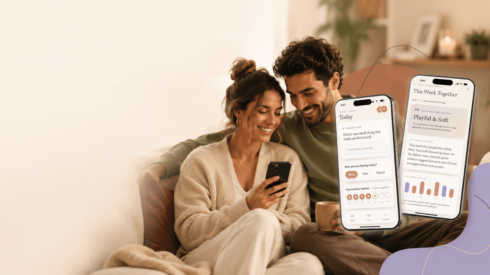 Two partners relaxing together at home, each holding a phone showing CoupleCue — today's cue and a shared weekly moment.